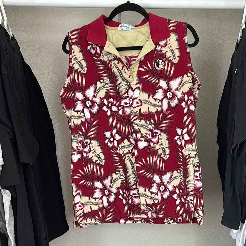 Vintage Florida State Seminoles FSU Floral Hawaiian Red Sleeveless Polo Top L